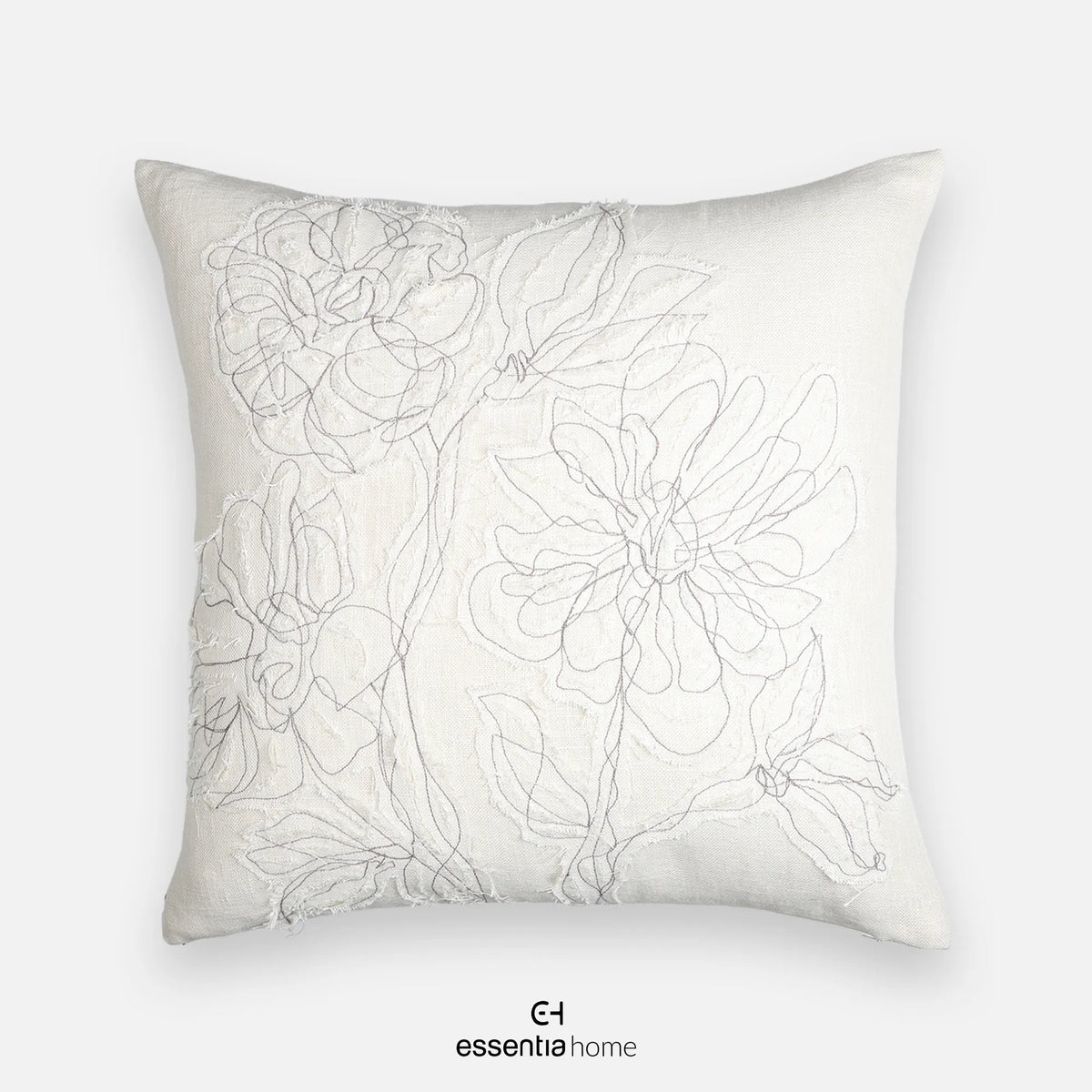 Floral Patch Cushion – Linen with White & Brown Threadwork